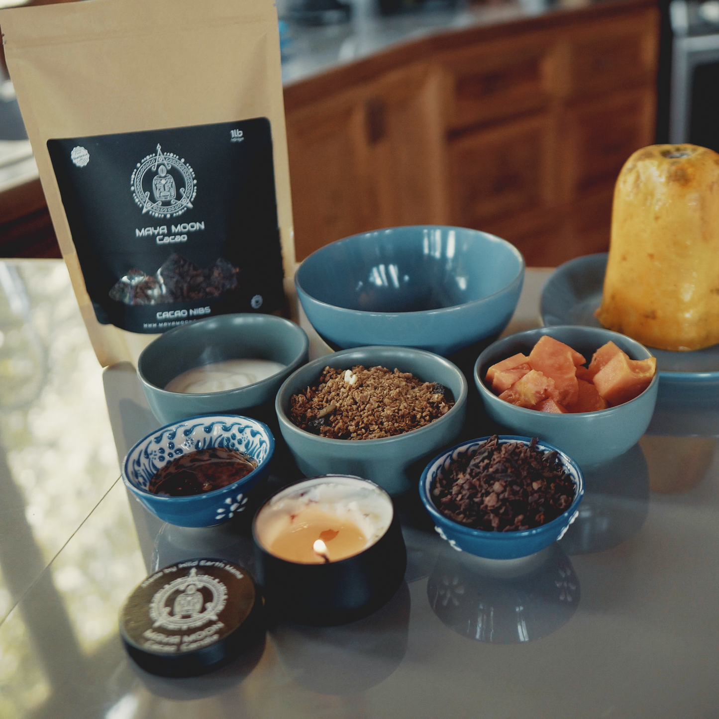 Ceremonial cacao nibs with fresh fruit and altar ingredients traditional cacao ritual preparation, 100% Dark Chocolate, cocoa